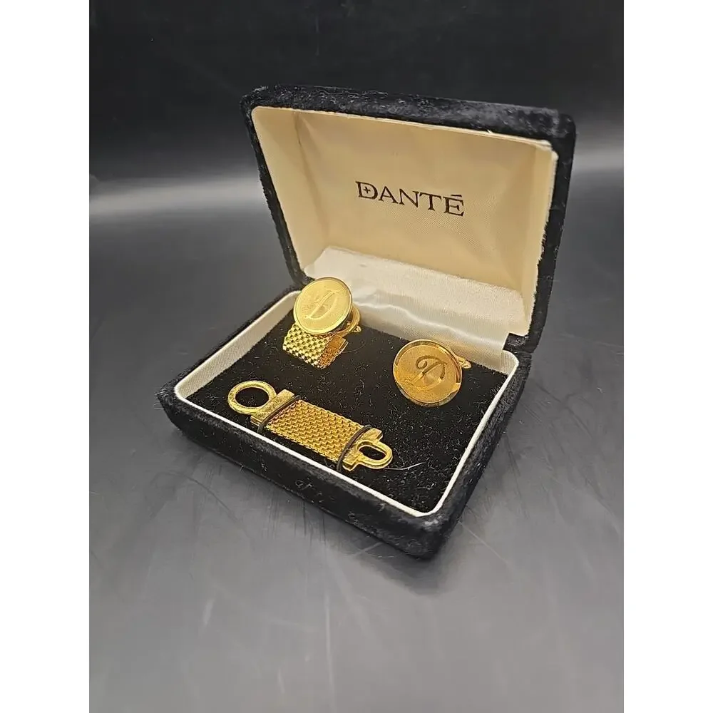 Mens Dante Gold Tone Cufflink Tie Tack Set 